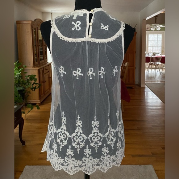 Monteau Cream White Sheer Bow Lace Tank Top Ballet Vintage - Picture 7 of 10